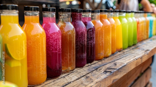 Colorful array of fresh-pressed fruit juices in tall glass bottles, displayed on a vibrant outdoor market stand. 