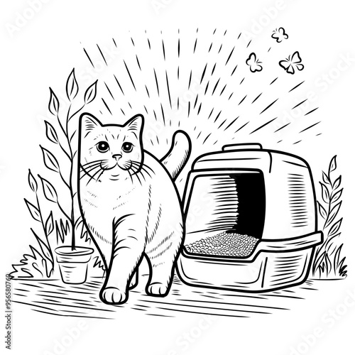 Vector illustration of a cat going to its litter box in line art style