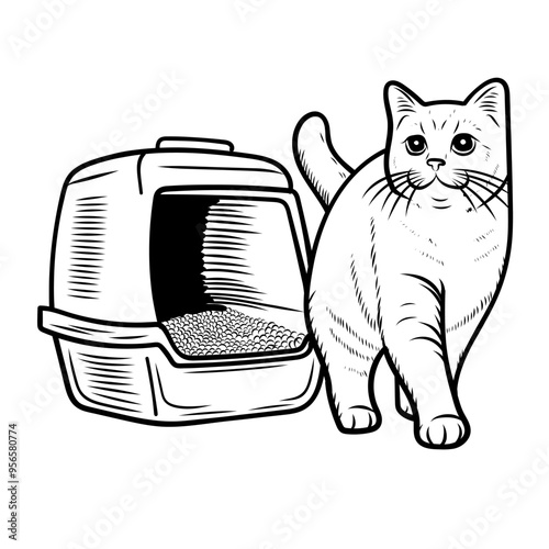 Vector illustration of a cat going to its litter box in line art style