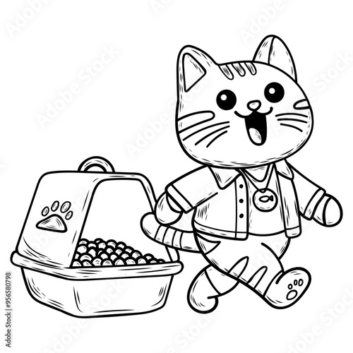 Vector illustration of a cat going to its litter box in line art style