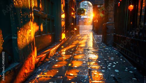 a narrow alleyway with a puddle of water on the ground. The alleyway is lined with metal railings on both sides and there are lanterns hanging from the ceiling. photo