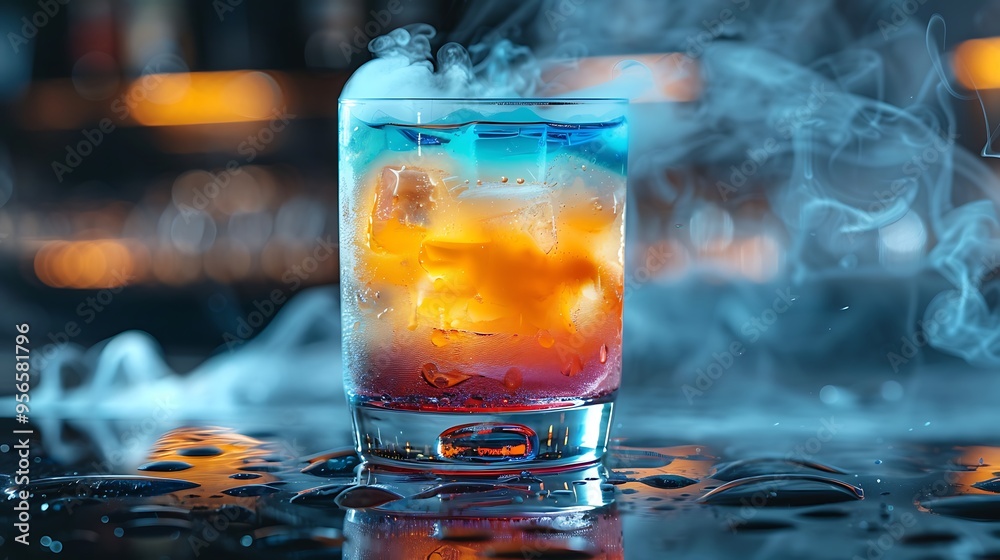 Colorful layered cocktail with dry ice effect, creating a smoky, dramatic presentation at a stylish bar. 