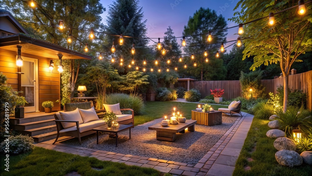 Obraz premium Warm and inviting outdoor ambiance is created by soft glowing string lights, lanterns, and subtle uplighting that illuminate a serene backyard oasis at dusk.