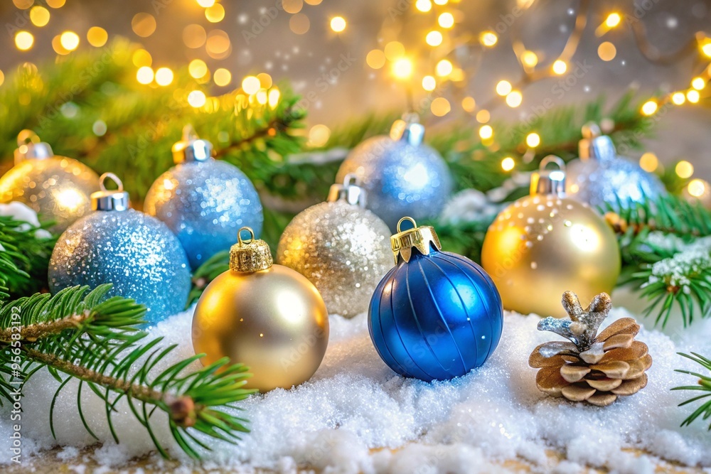 Decorative close up view of Christmas ornaments featuring a mix of golden blue and silver baubles lying on snow with pine branches and bright fairy lights illuminating adding festive cheer. Decorative close up view of Christmas ornaments featuring a mix of golden blue and silver baubles lying on snow with pine branches and bright fairy lights illuminating adding festive cheer.