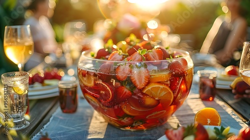 Colorful summer punch bowl with fruit, surrounded by glasses and summer decor, on a picnic table under the sun. 