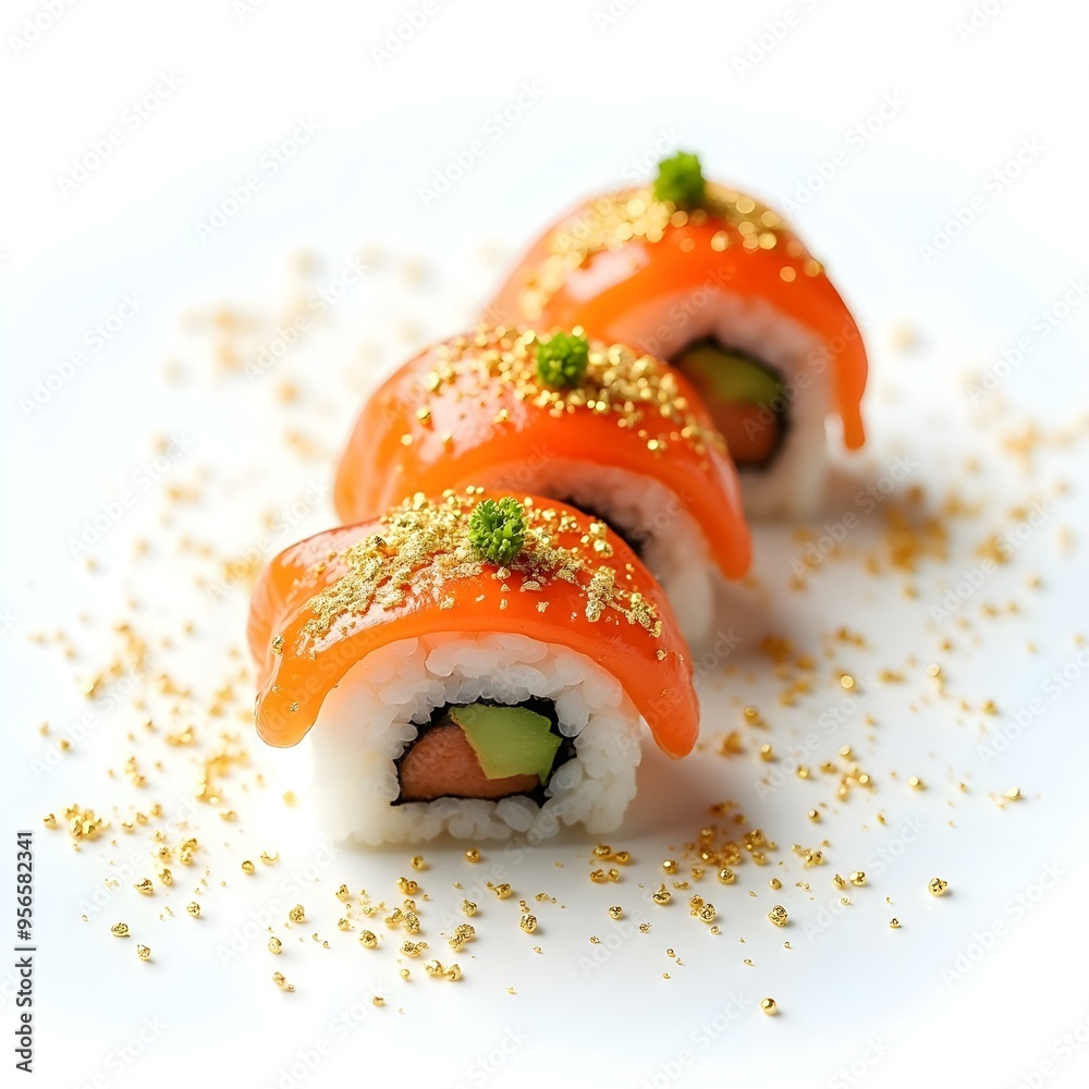 A creative  composition  sushi, magazine cover design, white background, high detail serve luxary