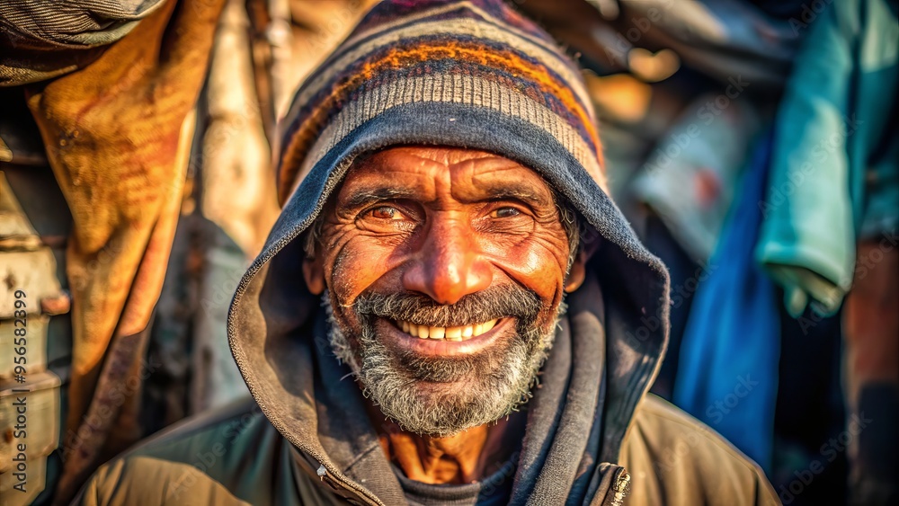Warm sunlight illuminates a weathered face, showcasing a genuine smile amidst worn clothing and a makeshift shelter, capturing resilience amidst urban hardship. Warm sunlight illuminates a weathered face, showcasing a genuine smile amidst worn clothing and a makeshift shelter, capturing resilience amidst urban hardship.