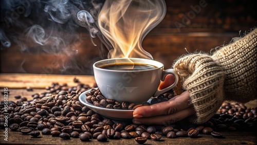 Warm steam rises from a rich, dark cup of freshly brewed coffee grasped by a gentle, relaxed hand on a chilly morning.