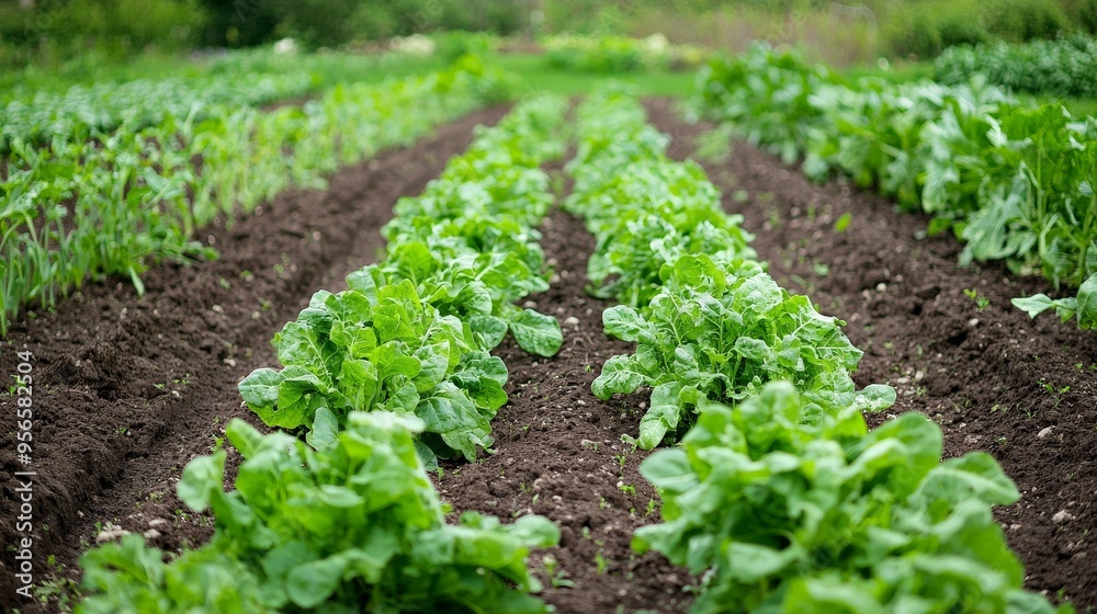 A vegetable garden with rows of green plants, healthy and abundant A vegetable garden with rows of green plants, healthy and abundant