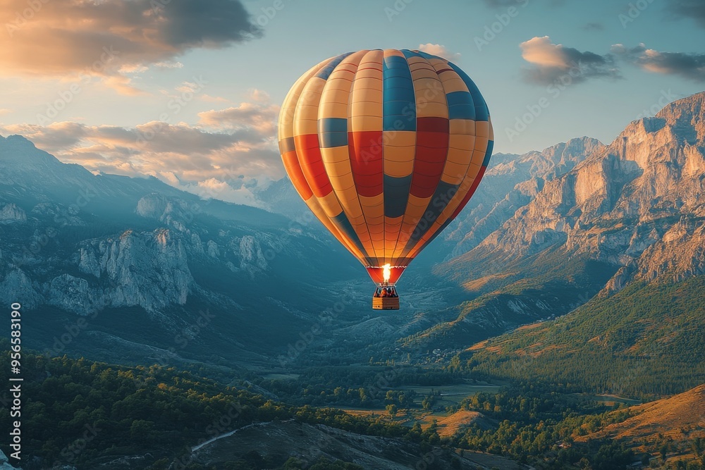 Obraz premium An air balloon flying over mountain. Generative AI