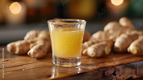 Fresh ginger shot in small glass, set on a wooden table with fresh ginger roots and a minimalist background. 