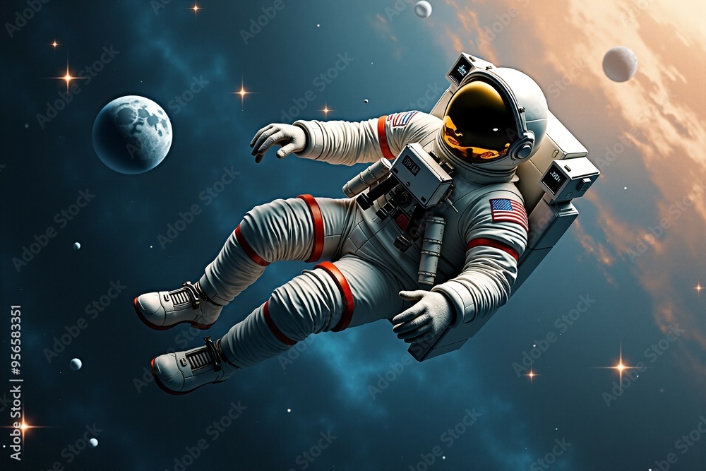 An astronaut floats in the sky with planets in the background, great for space-themed illustrations or designs An astronaut floats in the sky with planets in the background, great for space-themed illustrations or designs