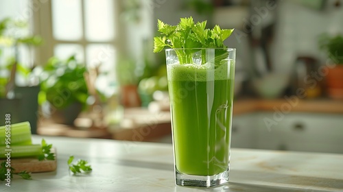 Fresh pressed celery juice in tall glass, with a bright green color, set on a clean, white kitchen counter. 