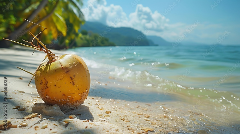 Fresh young coconut with straw on beach, surrounded by tropical scenery, golden sands, and clear skies. Fresh young coconut with straw on beach, surrounded by tropical scenery, golden sands, and clear skies.