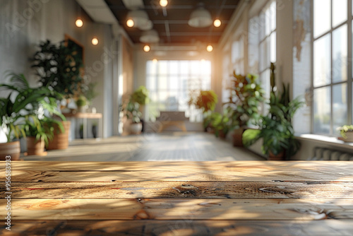 blurred bokeh office interior space background with a wood table top is ideal for displaying or montaging your products  photo