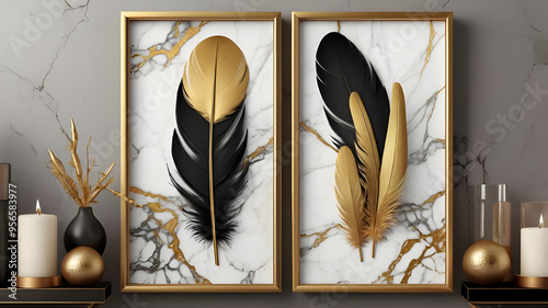 Feather set in 3 frames in gold and black on marble background