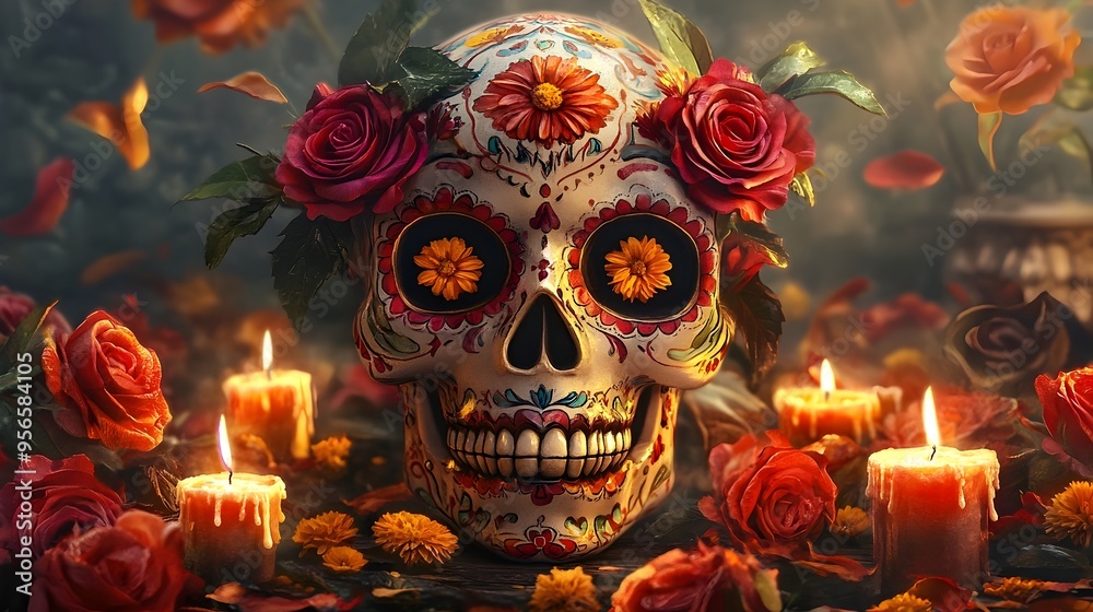 Detailed Sugar Skull with Roses  Marigold  and Candles for Vibrant Day of the Dead