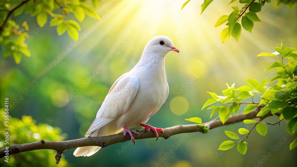 White dove perched on a tree branch against a soft, serene, and sunny natural background with gentle green leaves and a touch of blue sky. White dove perched on a tree branch against a soft, serene, and sunny natural background with gentle green leaves and a touch of blue sky.