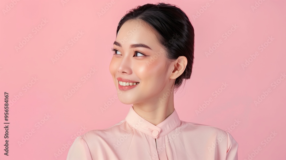 Smiling young asian woman with flawless skin and hair pulled back in a pink blouse gazes away against a pink backdrop Smiling young asian woman with flawless skin and hair pulled back in a pink blouse gazes away against a pink backdrop