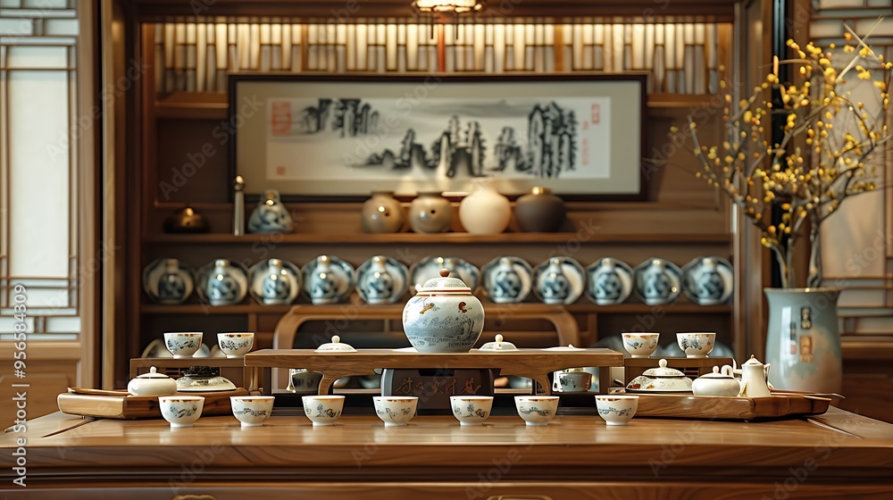 Traditional Chinese tea ceremony setup, featuring a gongfu tea set with delicate teacups and a serene atmosphere. Traditional Chinese tea ceremony setup, featuring a gongfu tea set with delicate teacups and a serene atmosphere.