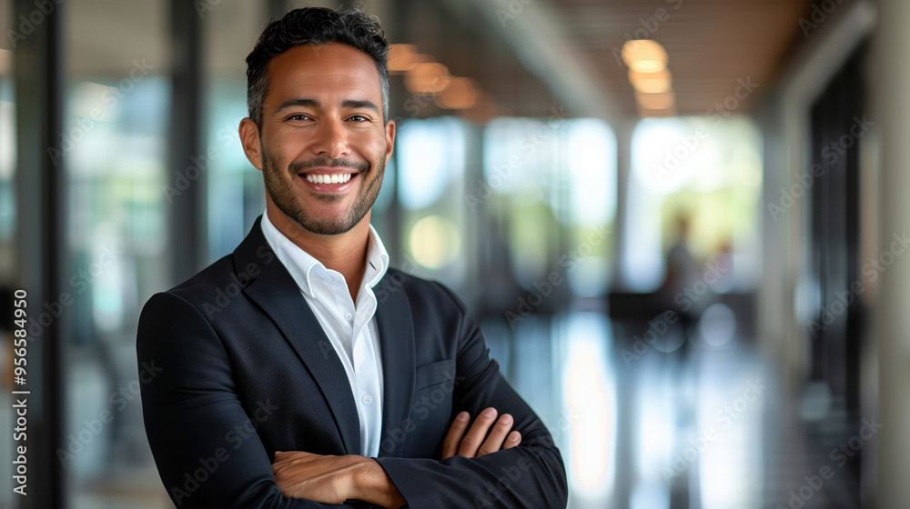 Happy professional is grinning with crossed arms in a contemporary office corridor Happy professional is grinning with crossed arms in a contemporary office corridor