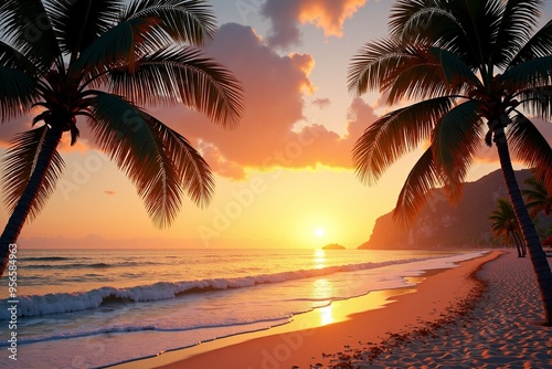 A serene beach scene at sunset with palm trees and calm waters