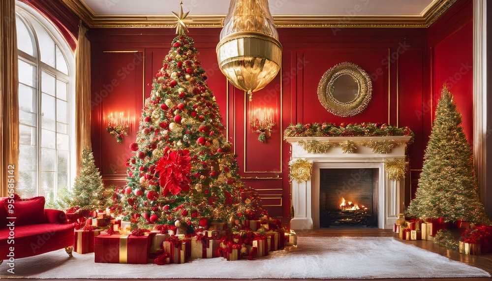 Fototapeta premium Festive Red and Gold Christmas Extravaganza Enter a grand and festive Christmas setting where bold red and shimmering gold decorations create a sense of luxury and celebration.