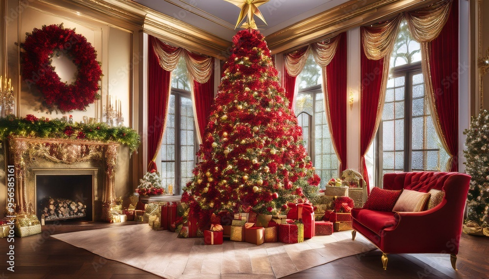 Fototapeta premium Festive Red and Gold Christmas Extravaganza Enter a grand and festive Christmas setting where bold red and shimmering gold decorations create a sense of luxury and celebration.
