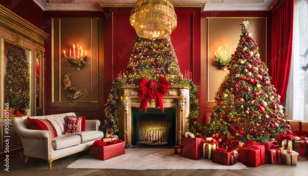 Obraz premium Festive Red and Gold Christmas Extravaganza Enter a grand and festive Christmas setting where bold red and shimmering gold decorations create a sense of luxury and celebration.