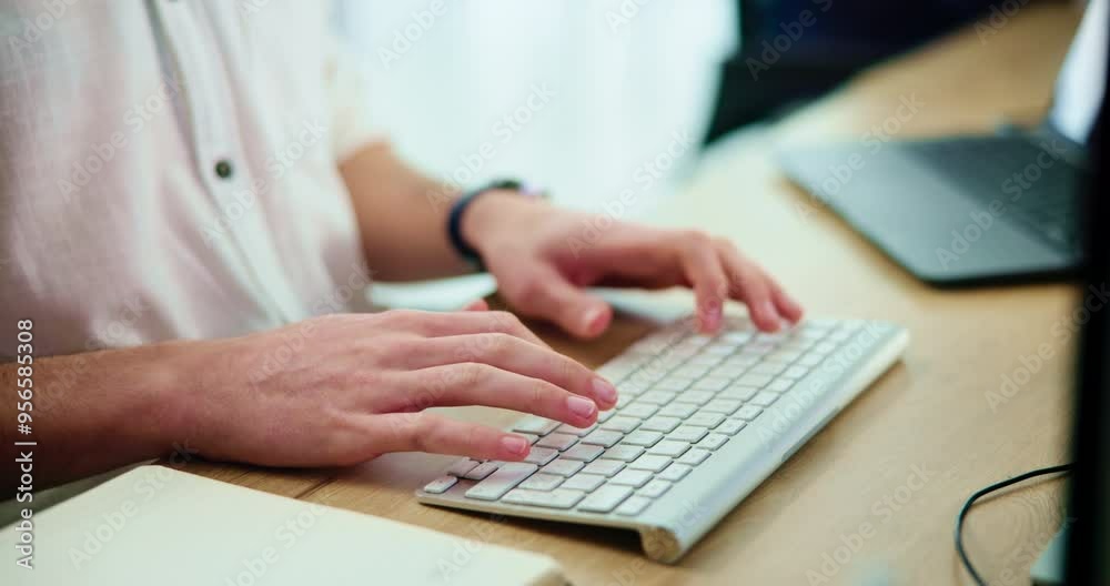Office, hands and businessperson with keyboard for typing, research and information gathering on desk. Career, journalist or laptop with internet for article angle, online blog or website publication Office, hands and businessperson with keyboard for typing, research and information gathering on desk. Career, journalist or laptop with internet for article angle, online blog or website publication