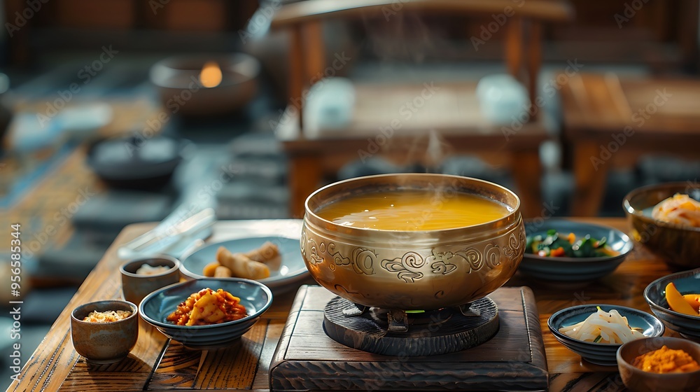 Traditional Korean makgeolli in brass bowl, accompanied by side dishes, set on a low wooden table in a cozy room. Traditional Korean makgeolli in brass bowl, accompanied by side dishes, set on a low wooden table in a cozy room.
