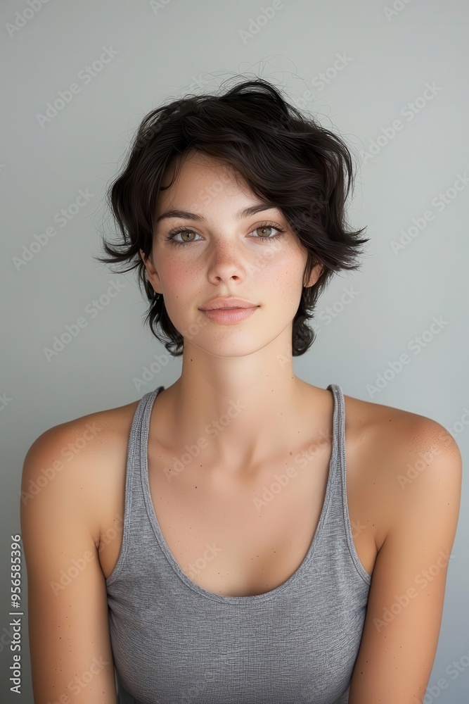 Model in a gray tank top, isolated background, studio setting. Model in a gray tank top, isolated background, studio setting.