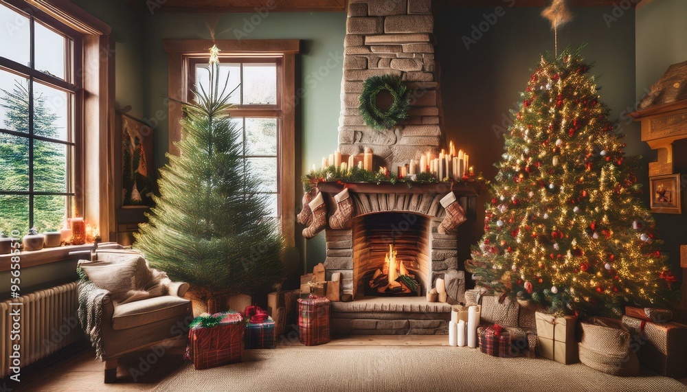 Fototapeta premium Rustic Christmas Charm in Earthy Tones Experience the warmth of a rustic Christmas with a tree decorated in earthy tones of brown, gold, and deep green.