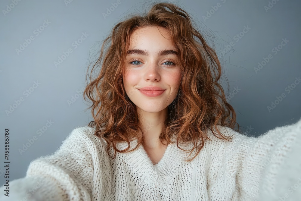 Cute woman in a white cardigan taking a selfie, isolated background, studio style Cute woman in a white cardigan taking a selfie, isolated background, studio style
