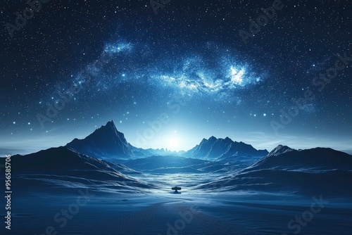 A solitary rock in a snowy mountain valley under a starry night sky photo