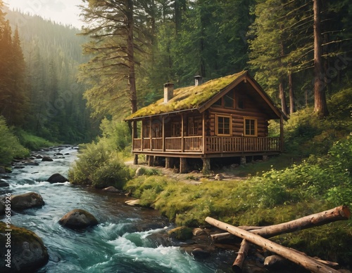 Forester Cabin by the river in the forest (illustration of a fictional situation, in the form collage of photos). Ai generated images photo