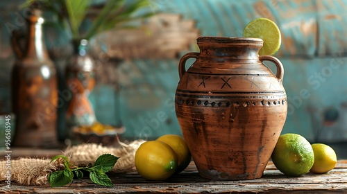 Traditional Mexican tepache fermentation process, with traditional clay pot, set on a rustic wooden table with Mexican decor.  photo