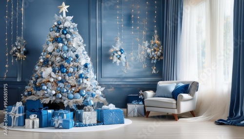 Elegant Blue and Silver Christmas Evening
Step into a sophisticated Christmas scene where cool blue and silver tones create a serene holiday ambiance.