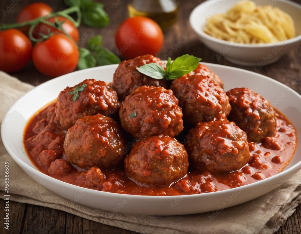 Traditional spicy meatballs in tomato sauce on wooden background. Selective focus. Ai generated images Traditional spicy meatballs in tomato sauce on wooden background. Selective focus. Ai generated images