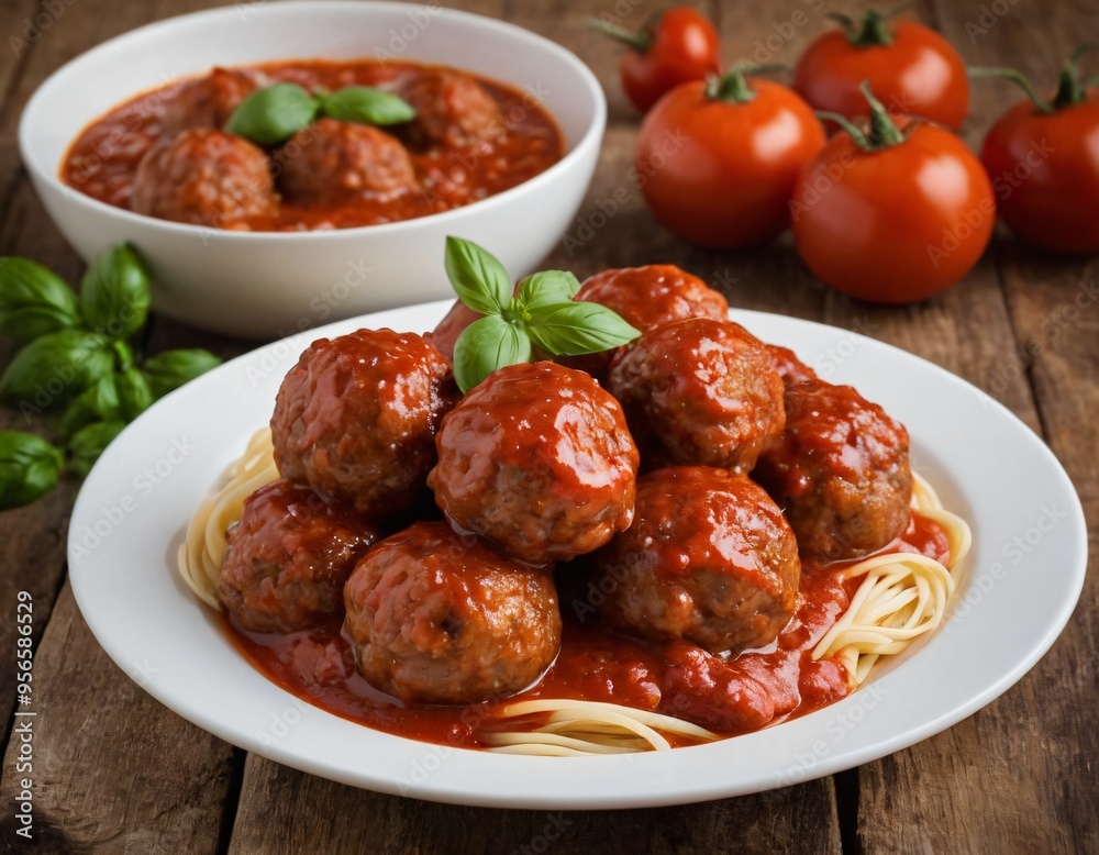Traditional spicy meatballs in tomato sauce on wooden background. Selective focus. Ai generated images Traditional spicy meatballs in tomato sauce on wooden background. Selective focus. Ai generated images