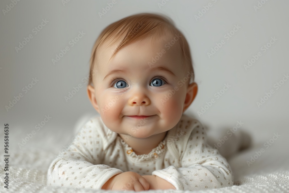 Beautiful baby girl with big blue eyes is lying on her tummy on a soft blanket, she is wearing a white bodysuit and is smiling Beautiful baby girl with big blue eyes is lying on her tummy on a soft blanket, she is wearing a white bodysuit and is smiling