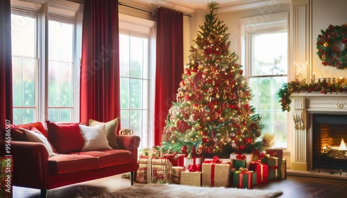 Classic Red and Green Christmas Magic
Imagine a cozy living room adorned with classic red and green decorations.