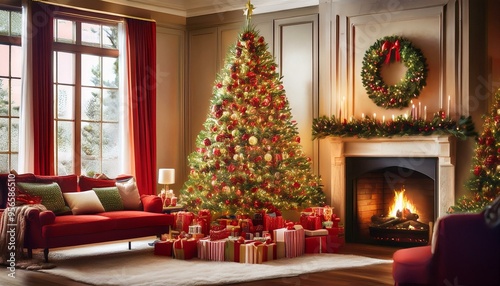 Classic Red and Green Christmas Magic
Imagine a cozy living room adorned with classic red and green decorations.