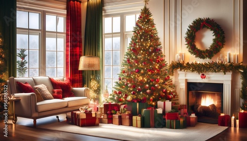 Classic Red and Green Christmas Magic
Imagine a cozy living room adorned with classic red and green decorations.
