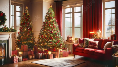 Classic Red and Green Christmas Magic
Imagine a cozy living room adorned with classic red and green decorations.