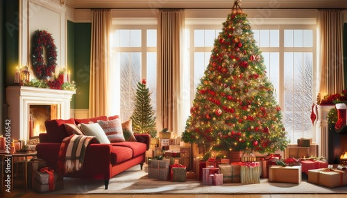 Classic Red and Green Christmas Magic
Imagine a cozy living room adorned with classic red and green decorations.