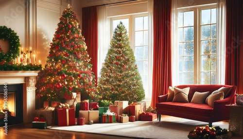 Classic Red and Green Christmas Magic
Imagine a cozy living room adorned with classic red and green decorations.