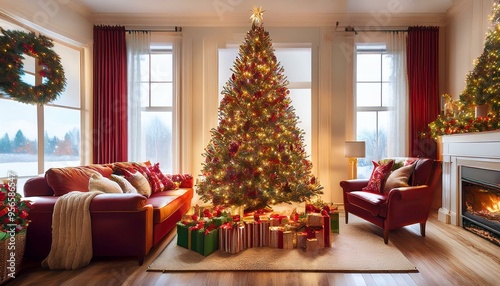 Classic Red and Green Christmas Magic
Imagine a cozy living room adorned with classic red and green decorations.