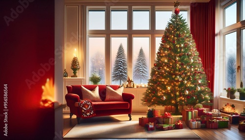 Classic Red and Green Christmas Magic
Imagine a cozy living room adorned with classic red and green decorations.