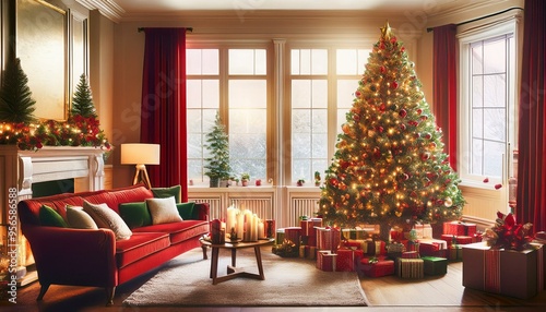 Classic Red and Green Christmas Magic
Imagine a cozy living room adorned with classic red and green decorations.